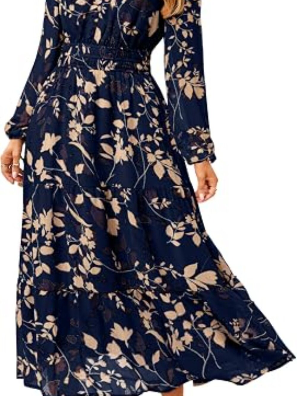 Women's Floral Boho Long Sleeve Maxi Dress V Neck Empire Waist Swing Flowy Weddi - Picture 3 of 5